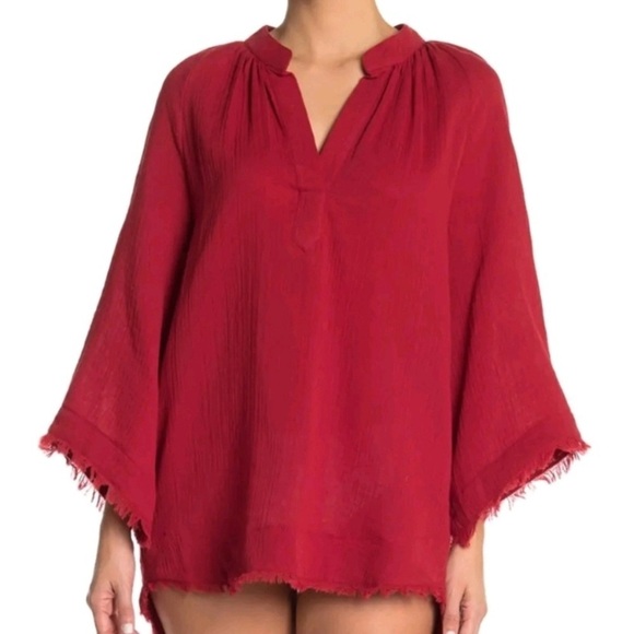 Red Carter Cotton Gauzy Popover Tunic Red Cover Up XS - Picture 3 of 10